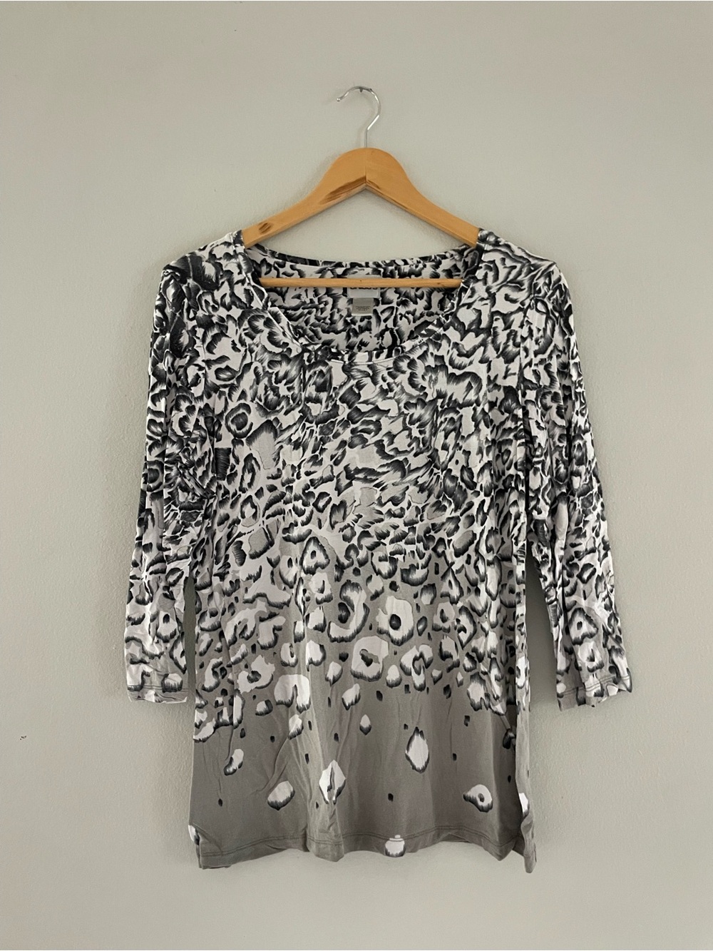 Chico's Black, White and Gray Animal Print 3/4 Sleeve Blouse